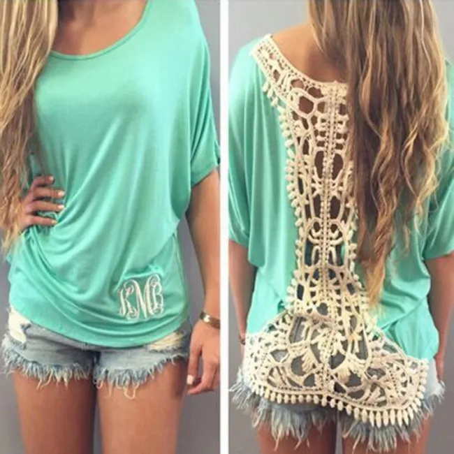 Fashion Green Loose Crochet Lace T-Shirt