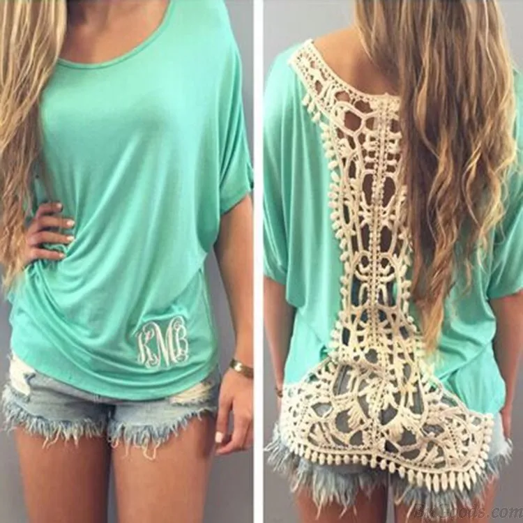 Fashion Green Loose Crochet Lace T-Shirt