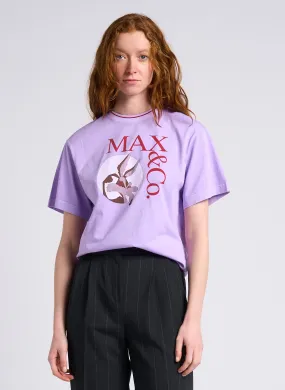 MAX&Co. IZZY - Camiseta de algodón serigrafiada con cuello redondo en violeta